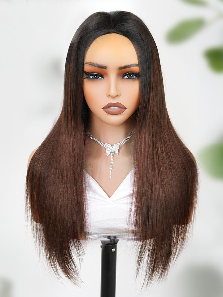 CurlyMe 3 In 1 Half Wig Black to Chestnut Brown Ombre Yaki Straight Glueless Install Half Wig With Adjustable String Beginner Friendly