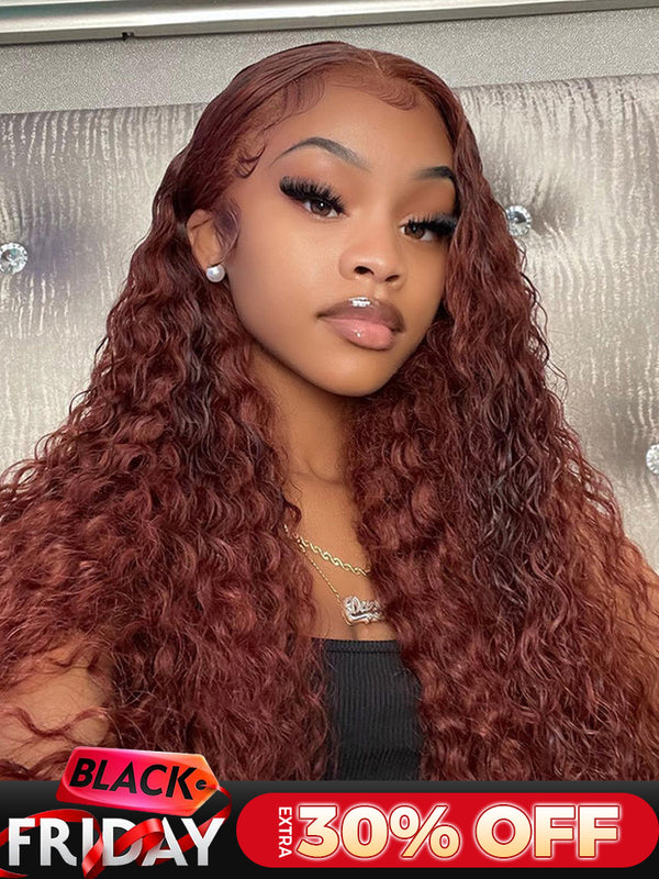 CurlyMe Reddish Brown Color Water Wave Auburn Hair 13x4 Lace Front Wigs Pre Plucked