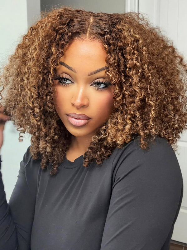 CurlyMe Highlights Ombre Hair Wear Go Glueless Wigs Pre Cut Transparent Lace Wigs