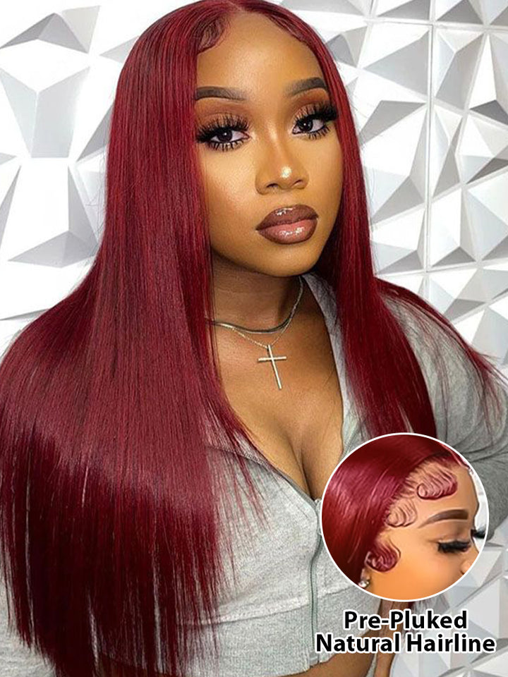 CurlyMe 99J Burgundy Color Straight Hair 13x4 Lace Front Wigs Easy Bleached Lace Wigs