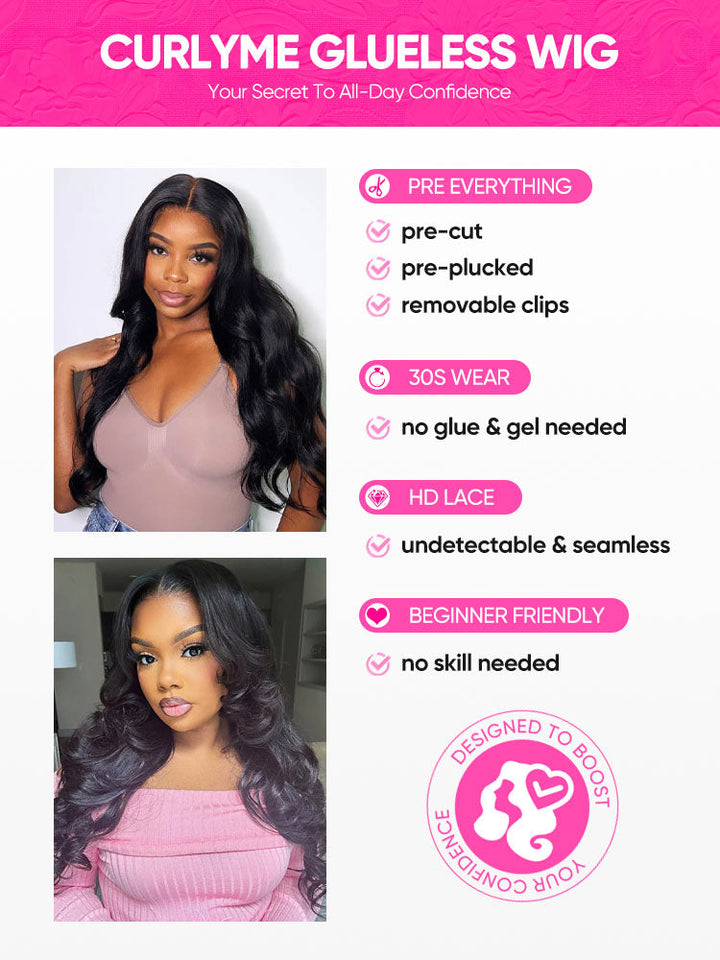 CurlyMe Pre-bleached Body Wave Hair Wear Go Glueless Wig 7x5 Pre-cut HD Lace Pre-plucked