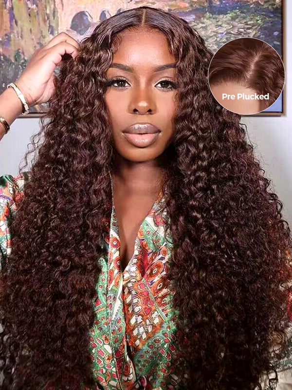 CurlyMe #4 Chocolate Brown Pre Cut Glueless Lace Water Wave Wear Go Wig