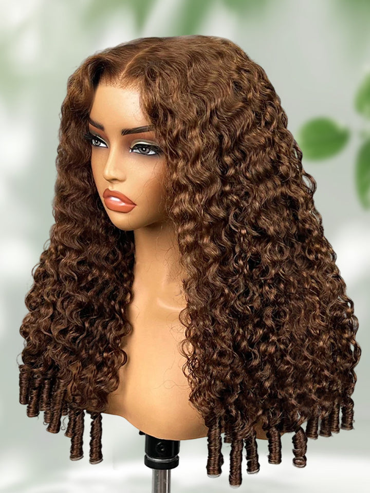 CurlyMe 9x6 Lace Mocha Mousse Color Burmese Curly Wear Go Glueless Wig With Elastic Draw-string