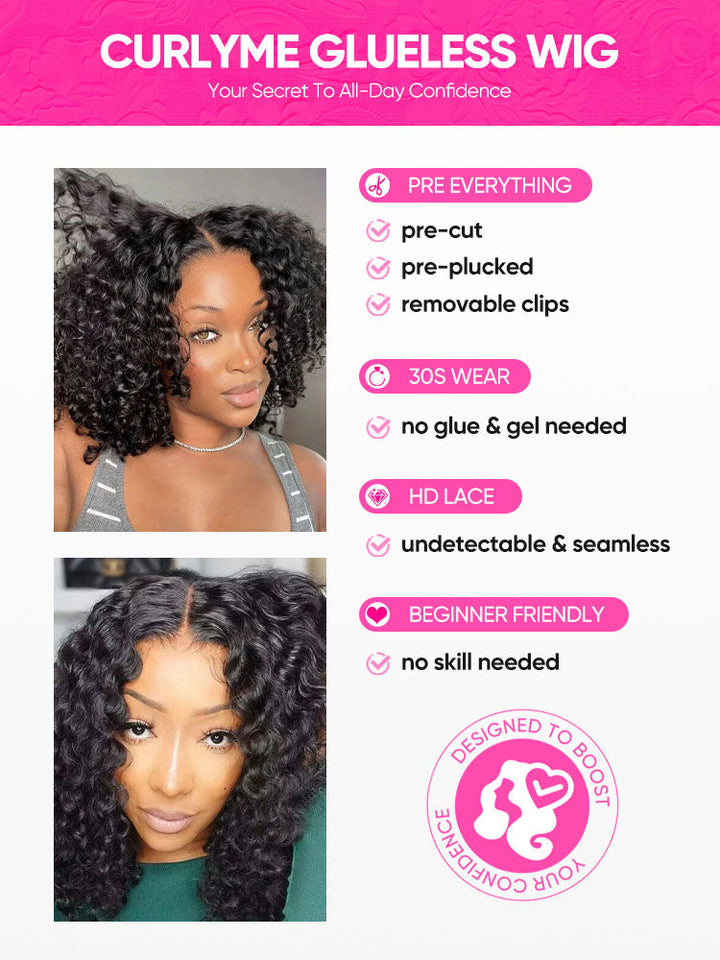 CurlyMe Water Wave Bob Glueless Wig Wear Go 7x5 HD Lace Pre Cut Lace Wig