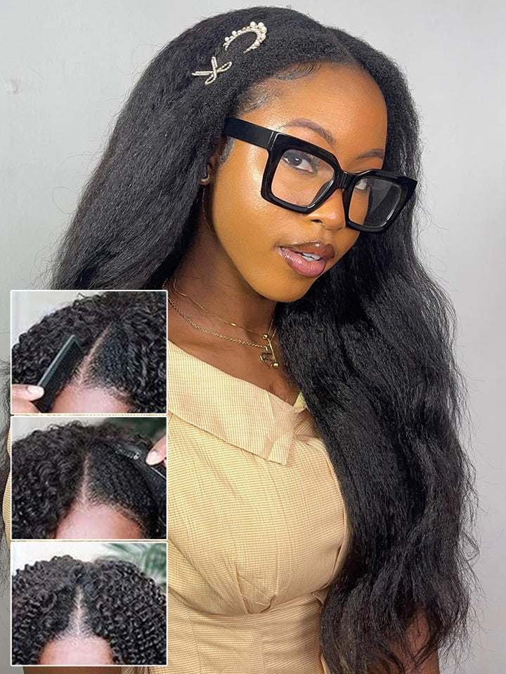 CurlyMe V Part Glueless No Leave Out Kinky Straight Human Hair Wig Pre-plucked Beginner Friendly