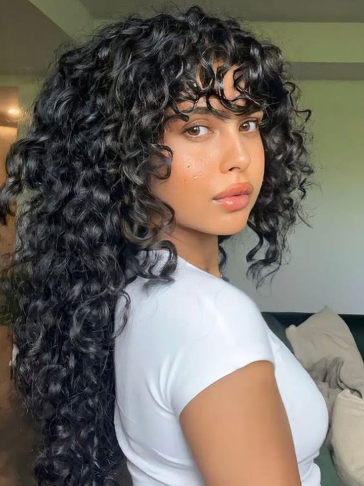 CurlyMe Water Wave Hair Non Lace Wigs Full Machine Made Wigs With Bangs For Women