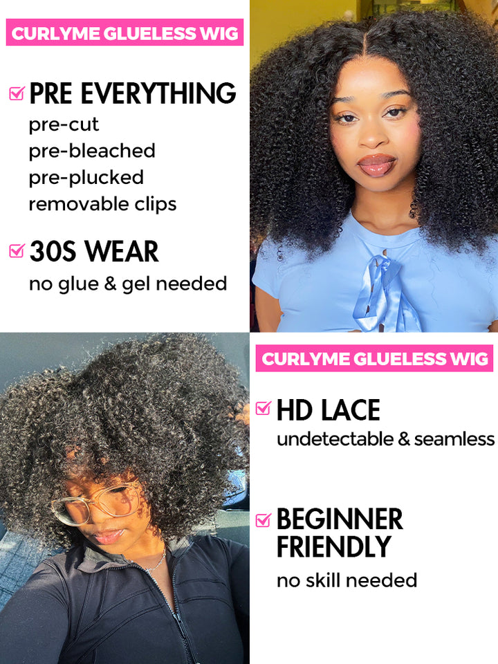 CurlyMe Pre-bleached Wear Go Glueless Afro Kinky Curly Pre-cut HD Lace Wig Pre-plucked