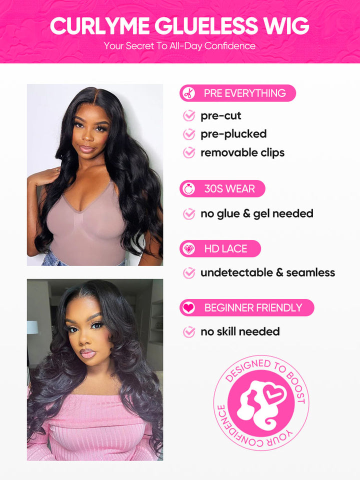 CurlyMe Pre-bleached Body Wave Hair Wear Go Glueless Wig 7x5 Pre-cut HD Lace Pre-plucked
