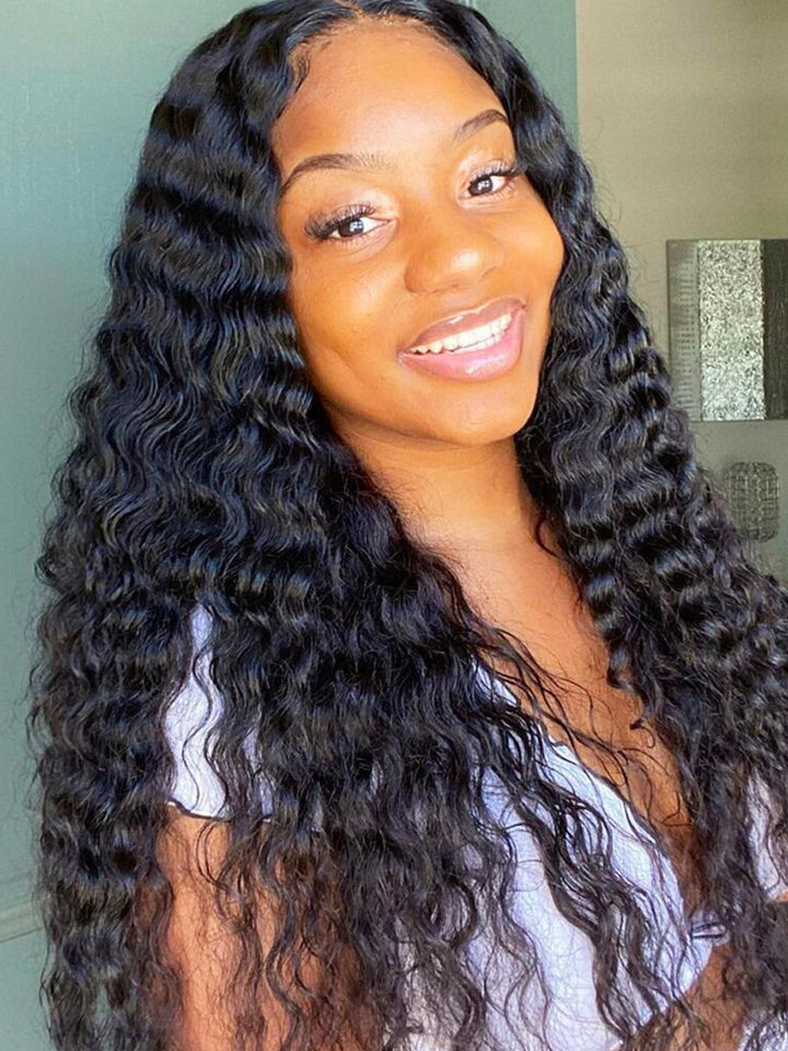 CurlyMe Deep Wave Hair 4x4 Lace Closure Wig Pre Plucked Swiss Lace Curly Hair