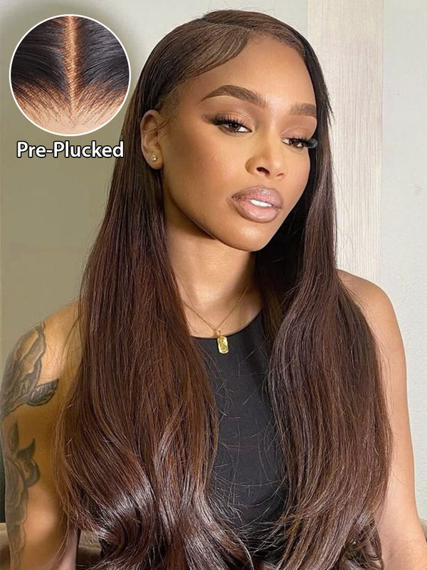 CurlyMe #4 Chocolate Brown Pre Cut Glueless Lace Straight Wear Go Wig