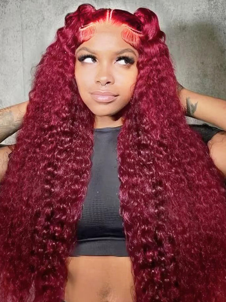 CurlyMe Pre-Plucked Wear Go Glueless 99J Burgundy Water Wave Hair Pre-cut Lace
