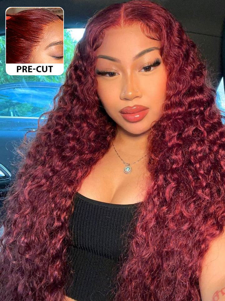 CurlyMe Pre-Plucked Wear Go Glueless 99J Burgundy Water Wave Hair Pre-cut Lace