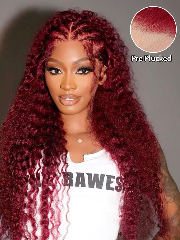 CurlyMe Pre-Plucked Wear Go Glueless 99J Burgundy Water Wave Hair Pre-cut Lace