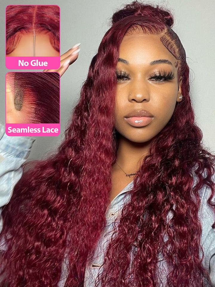 CurlyMe Pre-Plucked Wear Go Glueless 99J Burgundy Water Wave Hair Pre-cut Lace