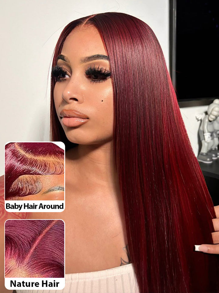 CurlyMe Pre-Plucked Wear Go Glueless 99J Burgundy Straight Hair Pre-cut Lace