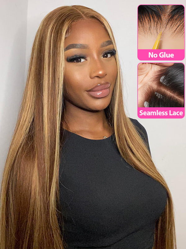 CurlyMe Highlights Ombre 6x4 Lace Wear Go Straight Glueless Wigs Pre Cut Lace Wig