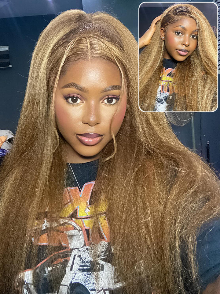 CurlyMe 4/27 Highlight Kinky Straight Wear Go Glueless Wig Pre-plucked with Natural Hairline