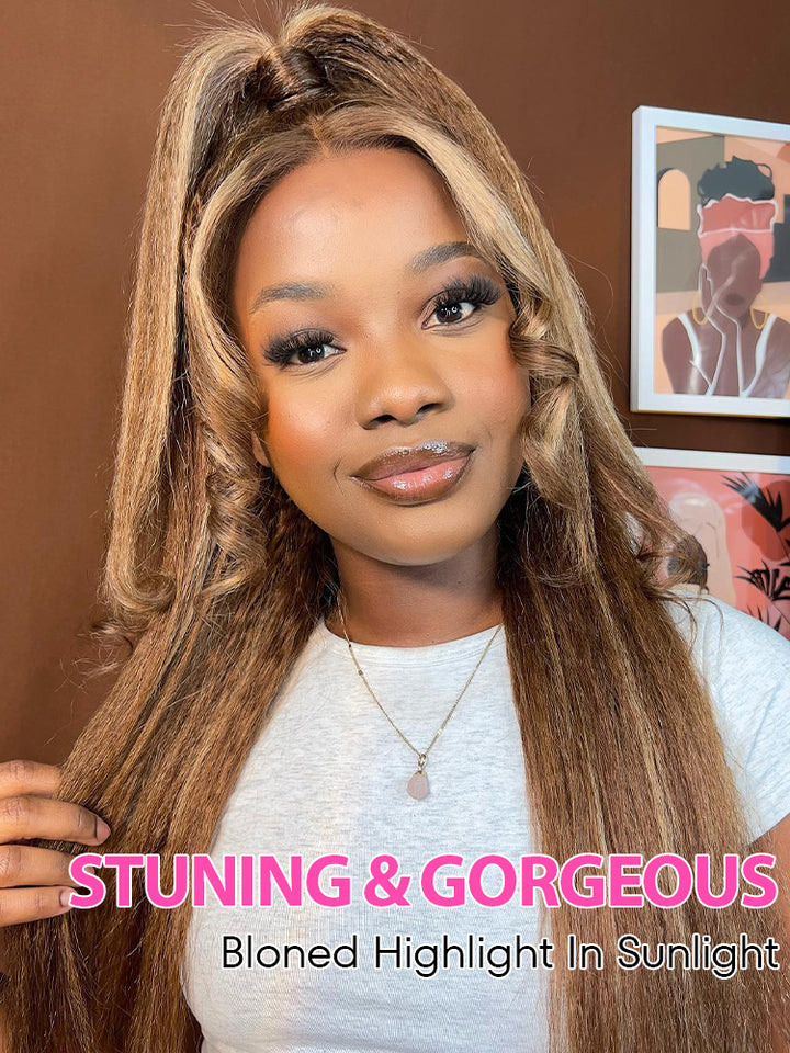 CurlyMe 4/27 Highlight Kinky Straight Wear Go Glueless Wig Pre-plucked with Natural Hairline