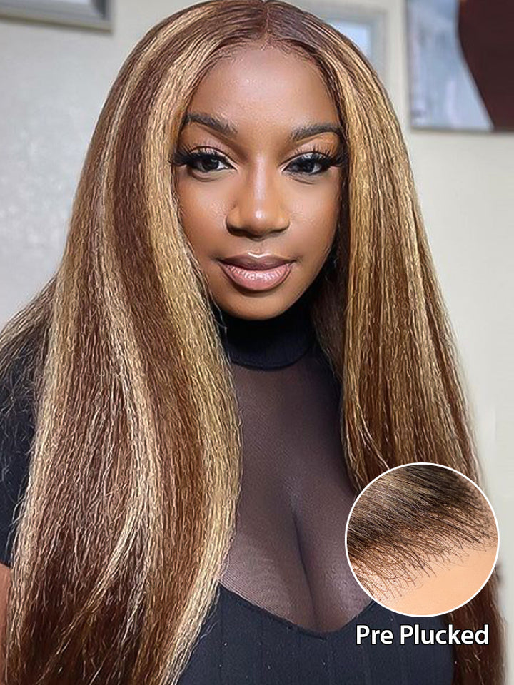 CurlyMe 4/27 Highlight Kinky Straight Wear Go Glueless Wig Pre-plucked with Natural Hairline