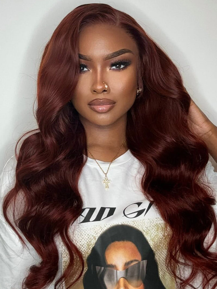 CurlyMe Pre-cut 9x6 Lace Reddish Brown Body Wave Hair Wear Go Glueless Mini Knots Wig Pre-plucked