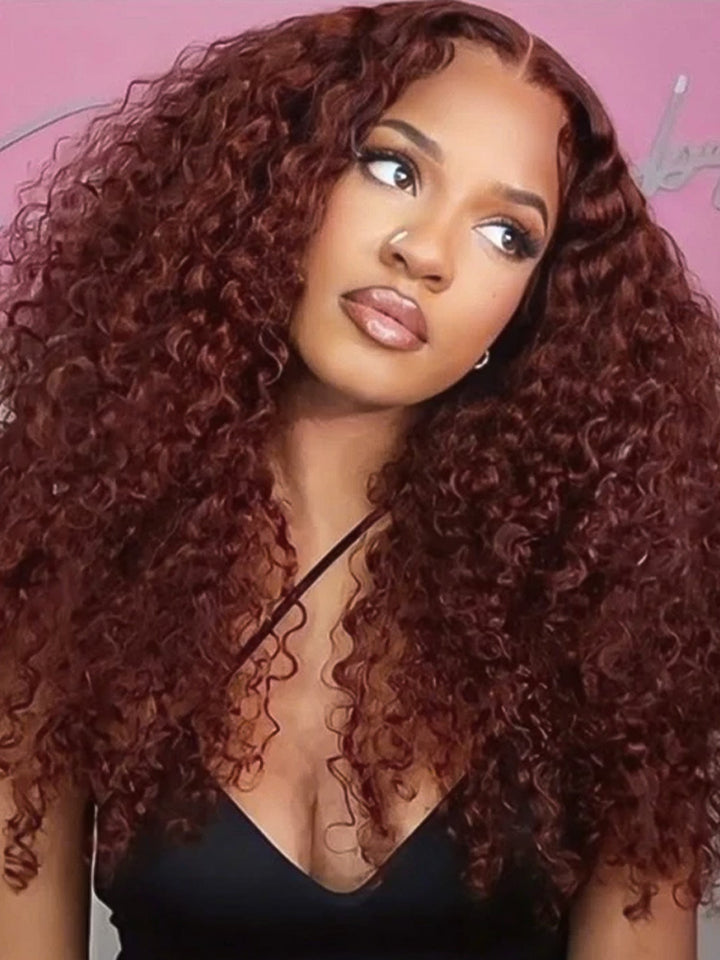 CurlyMe Pre-cut 9x6 Lace Reddish Brown Water Wave Hair Wear Go Glueless Mini Knots Wig Pre-plucked