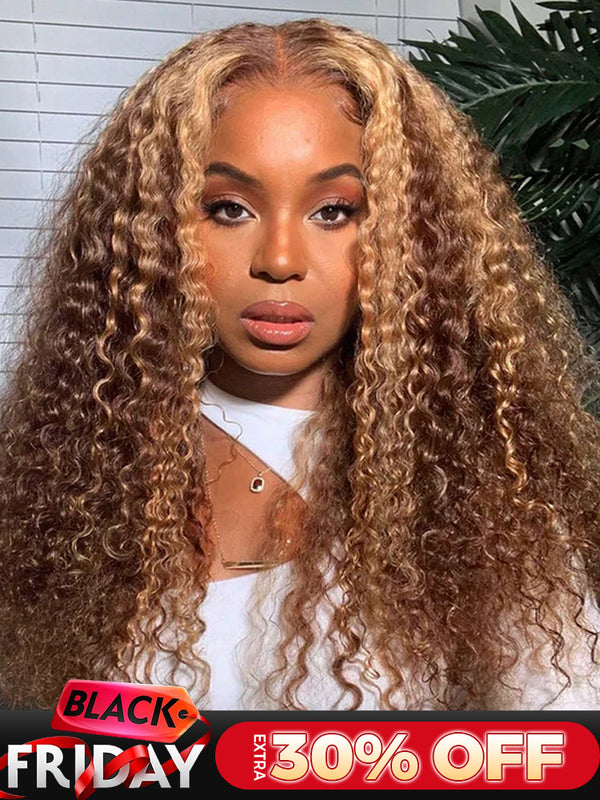 CurlyMe Highlights Ombre Human Hair Wigs Kinky Curly Transparent Lace Wigs Pre plucked