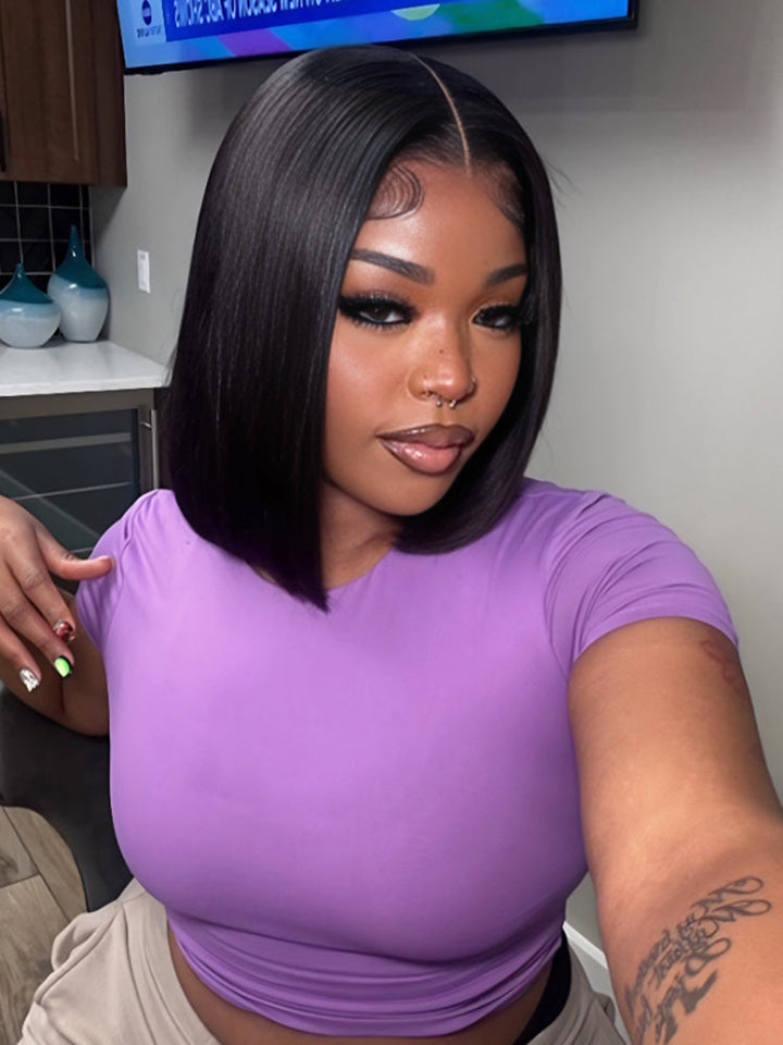 CurlyMe Pre-bleached Yaki Straight Glueless Bob Wig Pre-cut HD Lace Wear Go Pre-plucked Wig