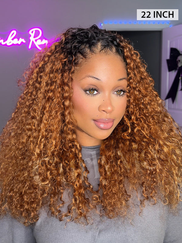 CurlyMe 3 IN 1 Blonde Water Wave Half Wig with Black Roots-Glueless & Beginner Friendly
