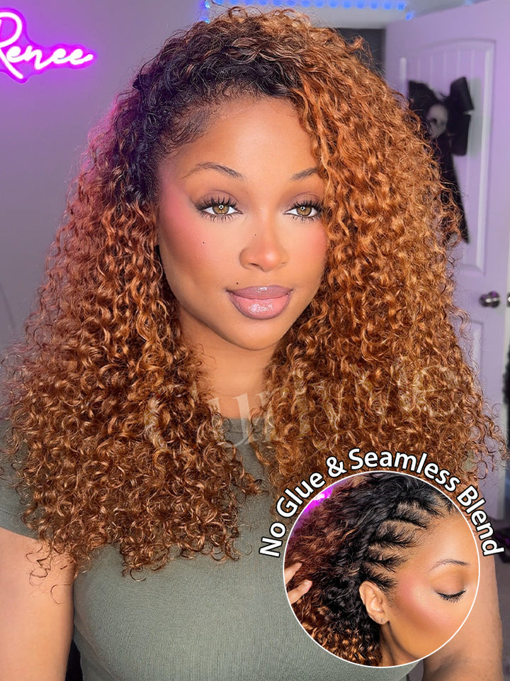 CurlyMe 3 IN 1 Blonde Water Wave Half Wig with Black Roots-Glueless & Beginner Friendly