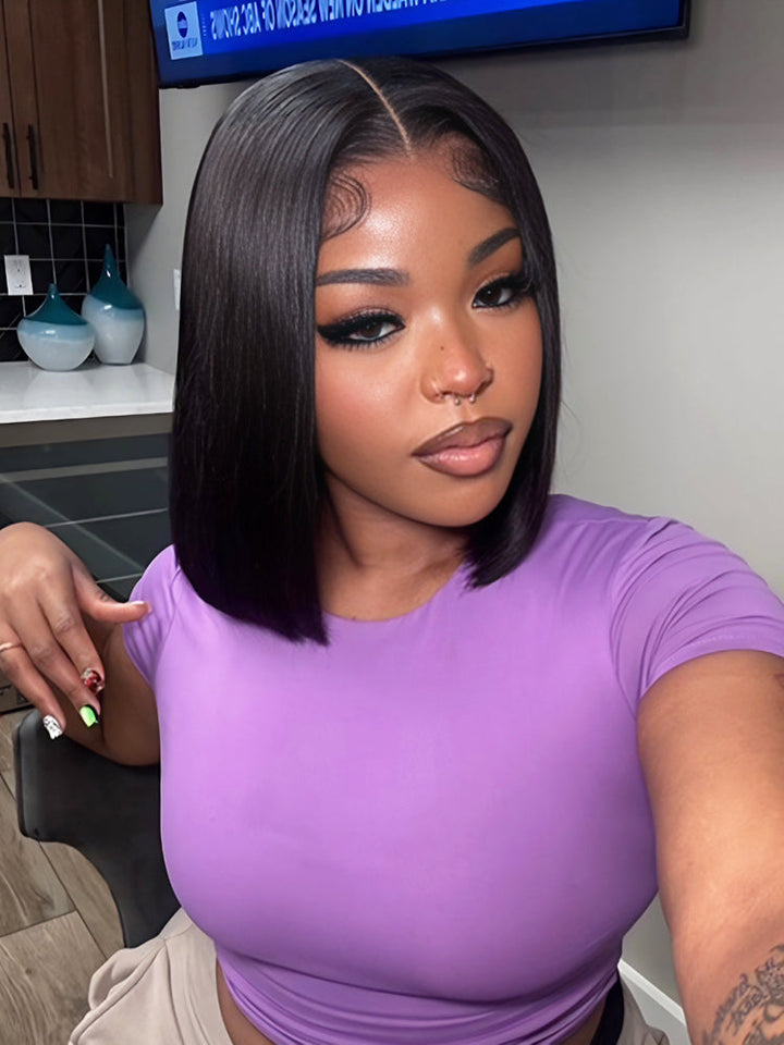 CurlyMe Pre-bleached Yaki Straight Glueless Bob Wig Pre-cut HD Lace Wear Go Pre-plucked Wig