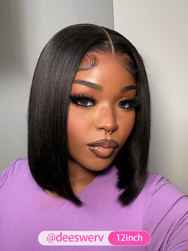 CurlyMe Pre-bleached Yaki Straight Glueless Bob Wig Pre-cut HD Lace Wear Go Pre-plucked Wig