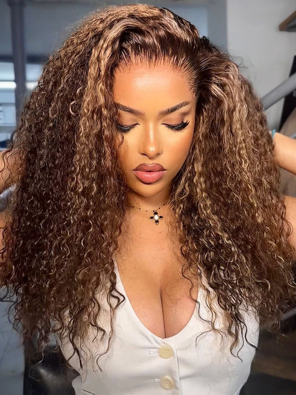CurlyMe Highlights Ombre Human Hair Wigs Kinky Curly Transparent Lace Wigs Pre plucked