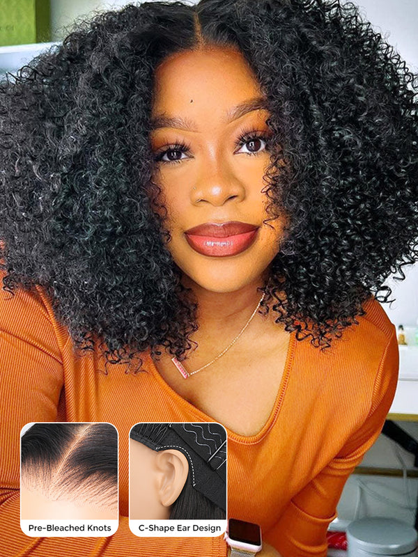 CurlyMe Pre-cut 9x6 HD Lace M-cap Wear Go Glueless Mini Knots Kinky Curly Hair Bob Wig Pre-plucked