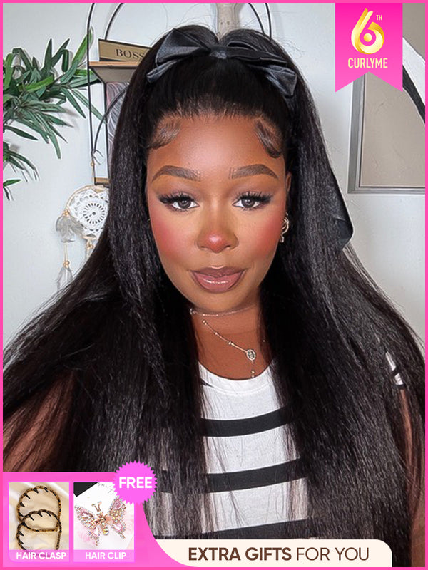CurlyMe 360 Fit Wig Pre-Bleached Kinky Straight Human Hair Pre-Cut 360 Lace Wear Go Glueless Wig Pre-Plucked