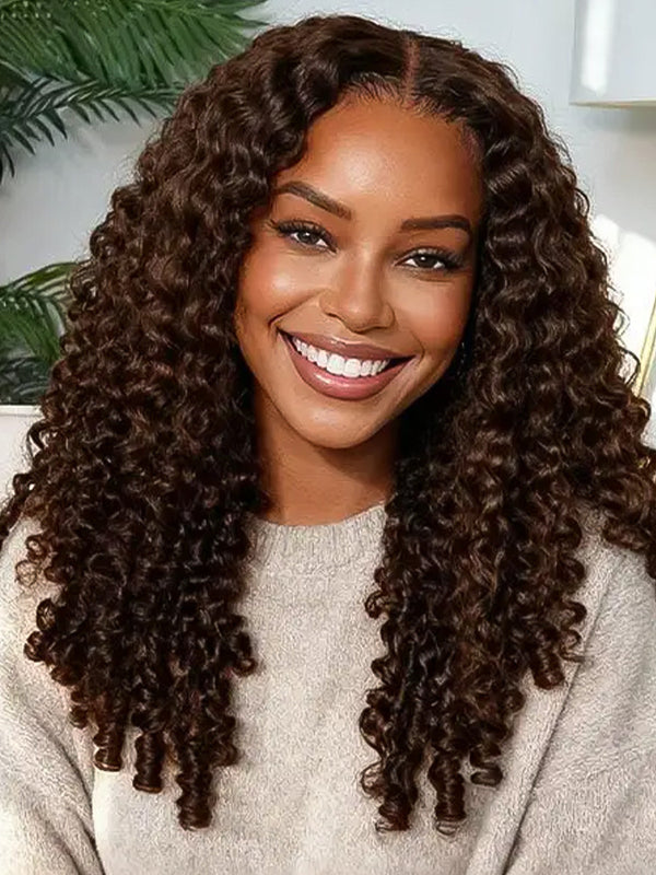 CurlyMe 9x6 Lace Mocha Mousse Color Burmese Curly Wear Go Glueless Wig With Elastic Draw-string