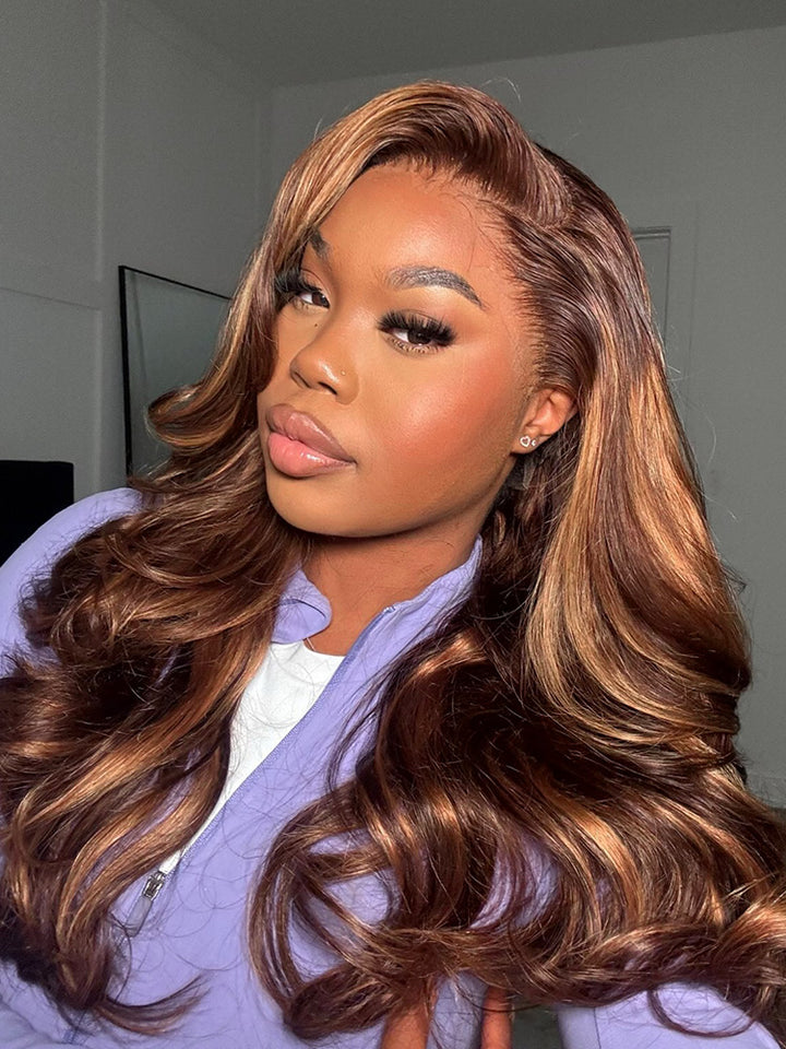 CurlyMe Wear Go Highlight Brown Color Face-Framing Layered Cut Body Wave Wig Pre-Cut Lace Glueless Wigs