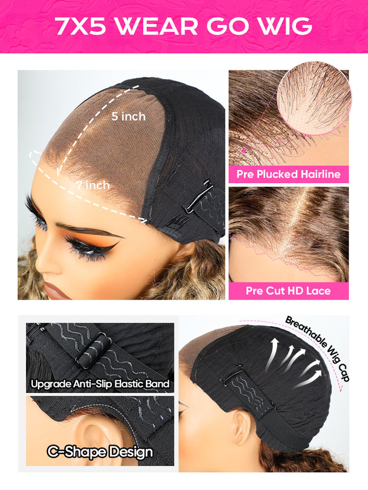 CurlyMe Highlights Ombre Hair Wear Go Glueless Wigs Pre Cut Transparent Lace Wigs