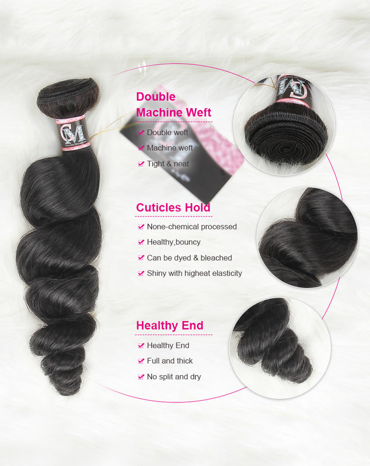 CurlyMe Loose Wave Virgin Human Hair 3 Bundles With 4x4/5x5 Closure Natural Black