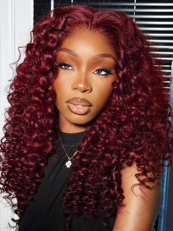 CurlyMe 99J Burgundy Color Burmese Curly Glueless Wig Pre Cut 9x6 Lace Snug Fit Wear Go Glueless Wig