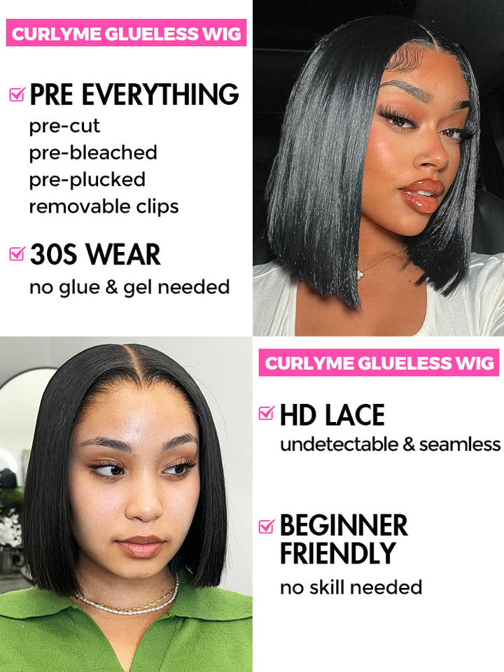 CurlyMe Pre Bleached Straight Glueless Bob Wig Pre Cut 7x5 HD Lace Wear Go Wig