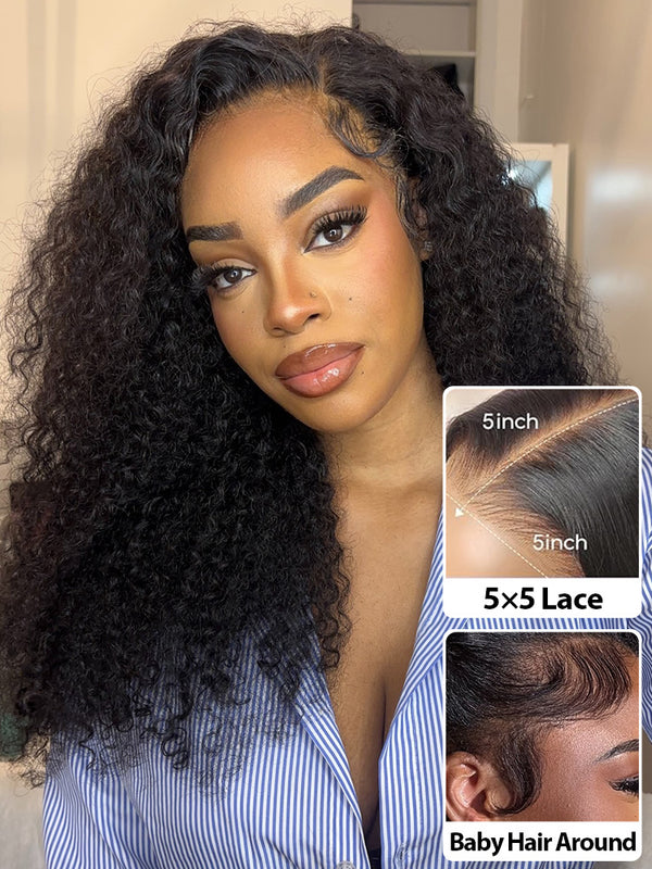 CurlyMe Virgin Human Hair Kinky Curly 5x5 Lace Closure Swiss Lace Wigs Pre Plucked