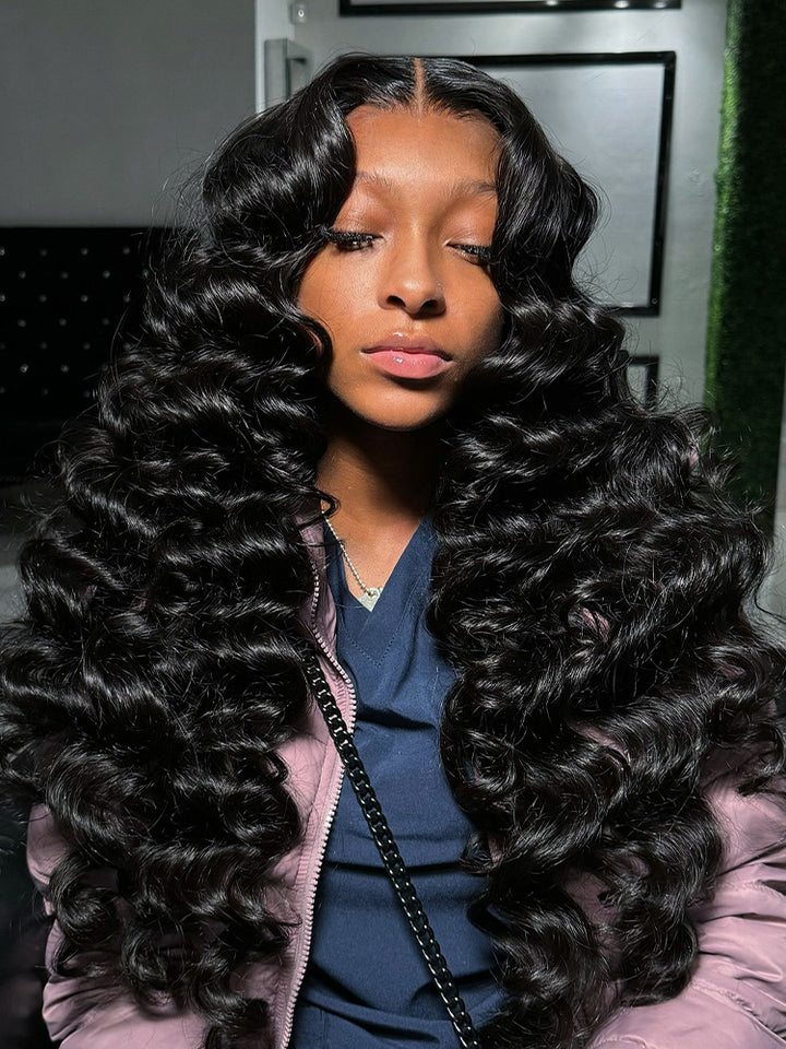CurlyMe Loose Deep Wave Hair 4x4 Swiss Lace Closure Wigs Pre Plucked Natural Color