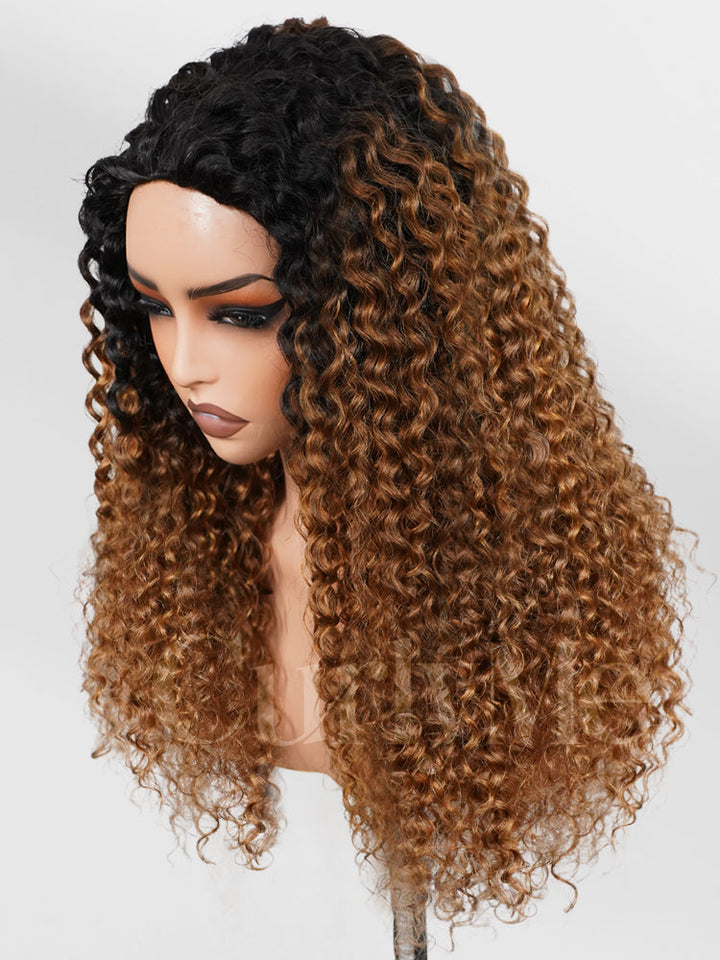 CurlyMe 3 IN 1 Blonde Water Wave Half Wig with Black Roots-Glueless & Beginner Friendly