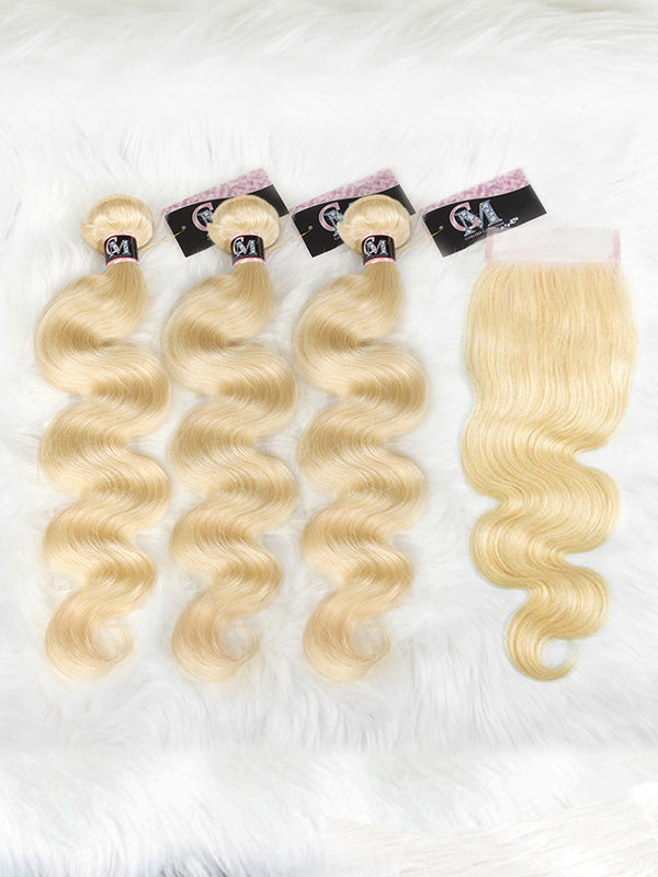 CurlyMe 613 Blonde Virgin Human Hair Body Wave 3 Bundles With 4x4 Closure