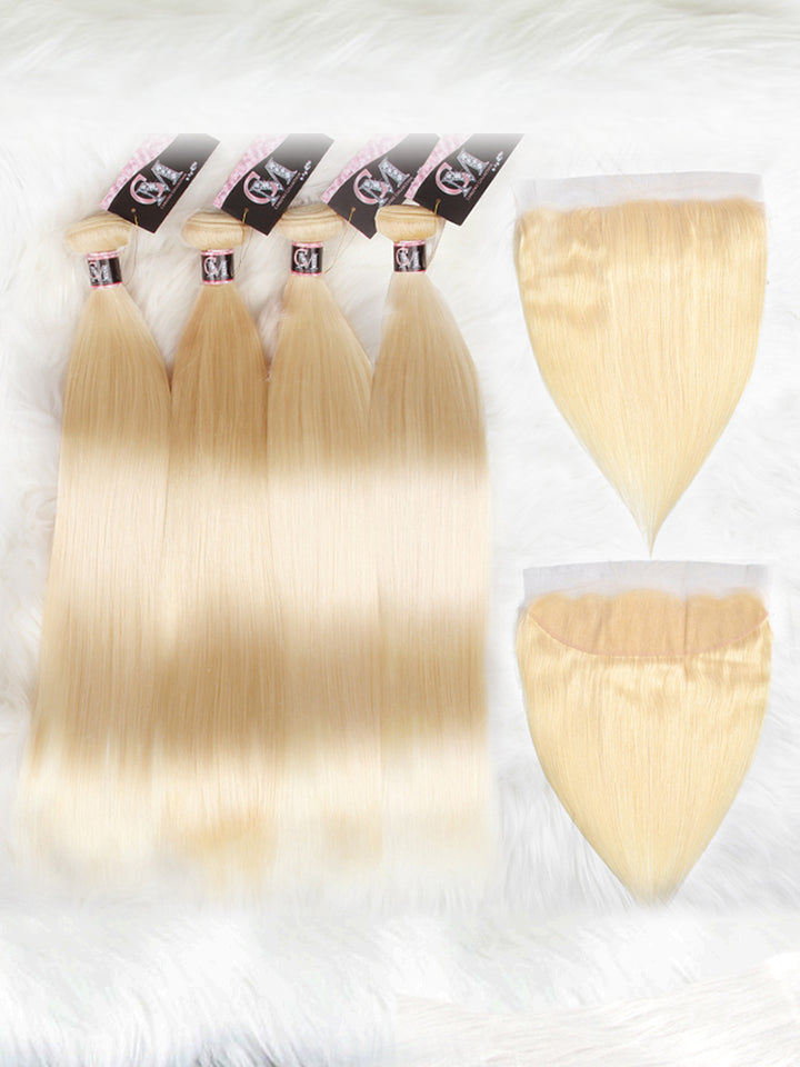 CurlyMe 613 Blonde Straight Human Hair 4 Bundles with 13x4 Lace Frontal