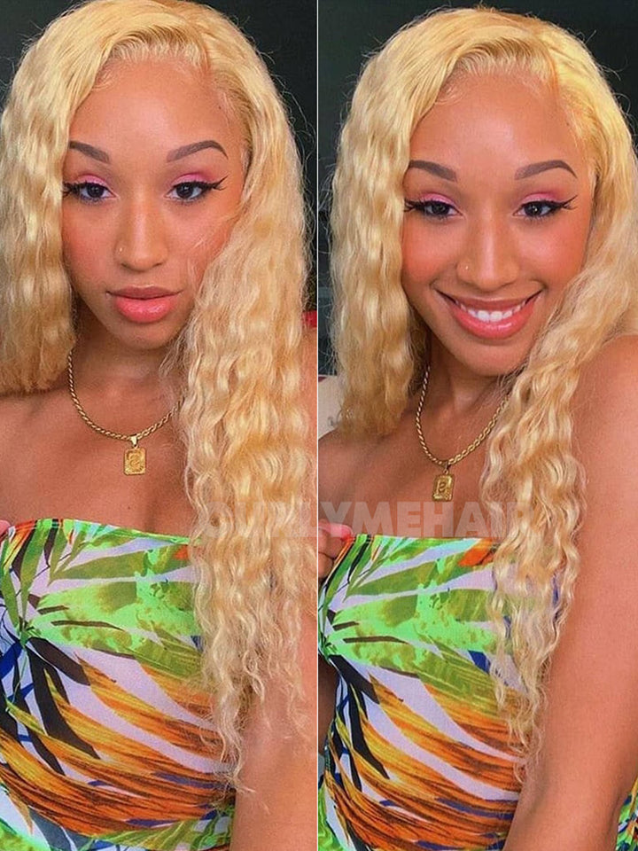 CurlyMe 613 Blonde Water Wave Hair 13x4 Lace Front Wigs Natural Hairline Honey Blonde Hair