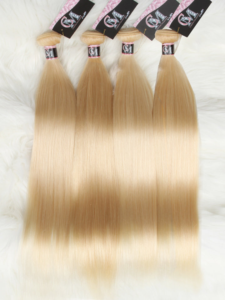 CurlyMe 613 Blonde Straight Human Hair 4 Bundles with 4x4 Lace Closure