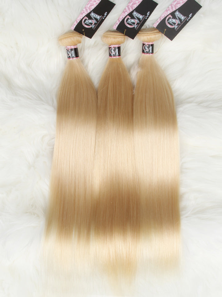 CurlyMe 613 Blonde Straight Human Hair 3 Bundles With 4x4 Lace Closure