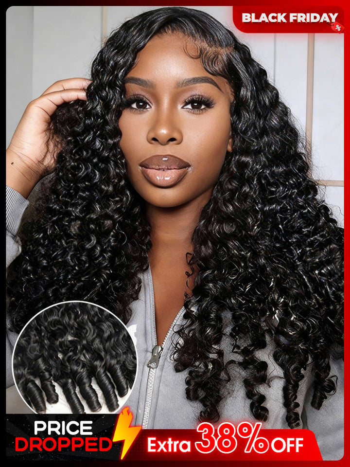 CurlyMe Pre Bleached Knots Burmese Curly Hair 13x6 Pre-Cut HD Lace Frontal Wig With Elastic Draw-string Wear Go Wig