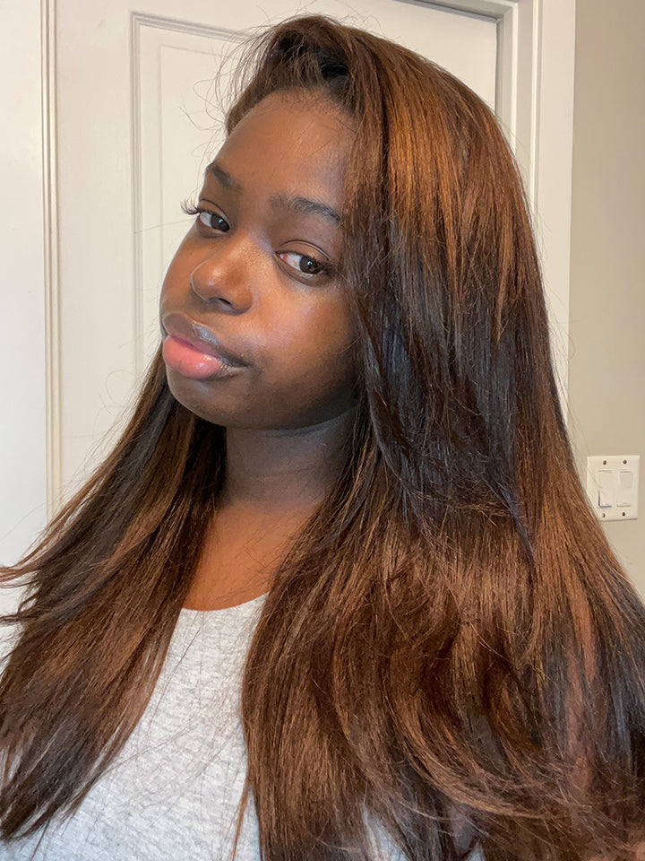 CurlyMe Layered Cut Black to Chestnut Brown Ombre Yaki Straight Hair 7x5 Pre-Cut Swiss Lace Wear Go Glueless Wigs